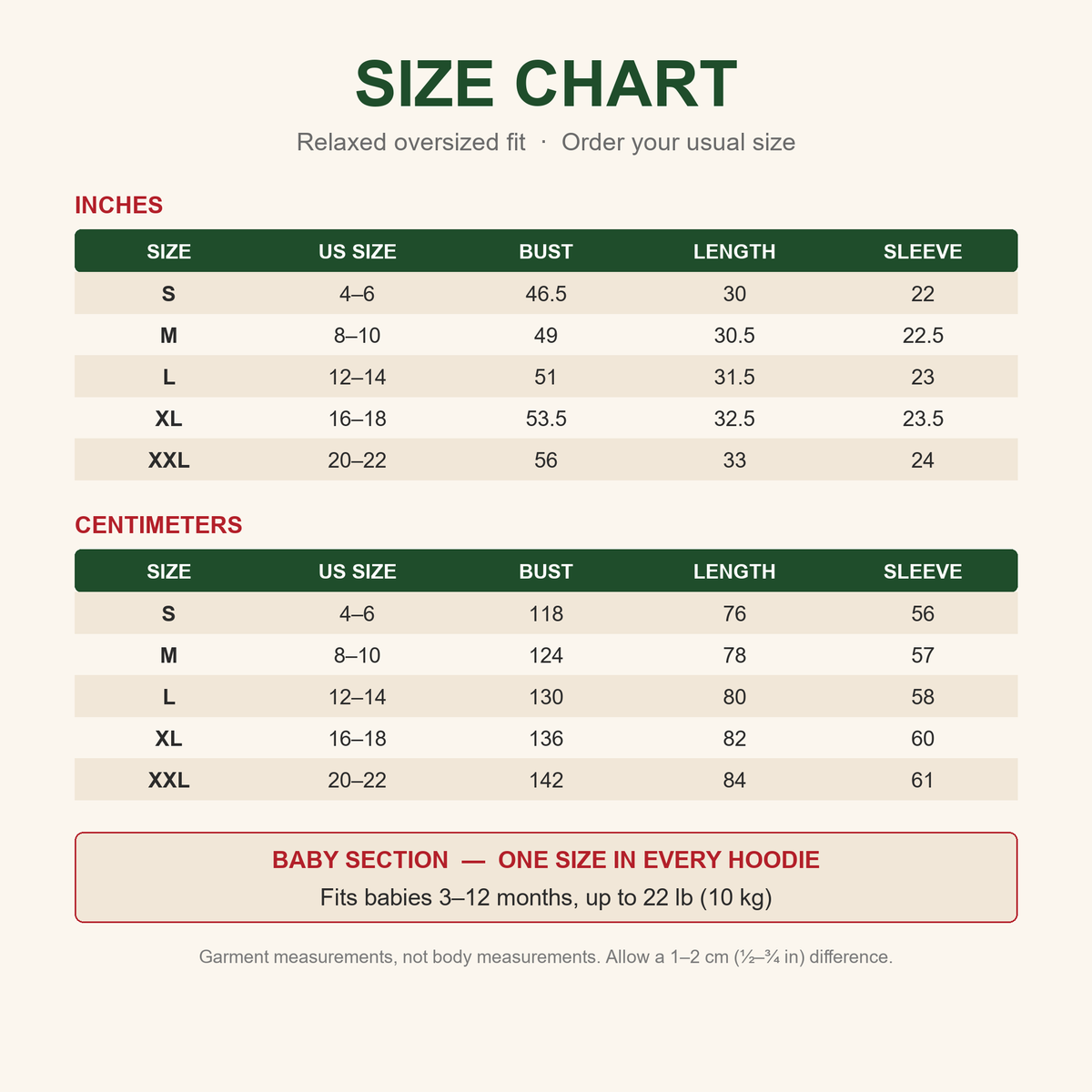 Grumplet Hoodie size chart