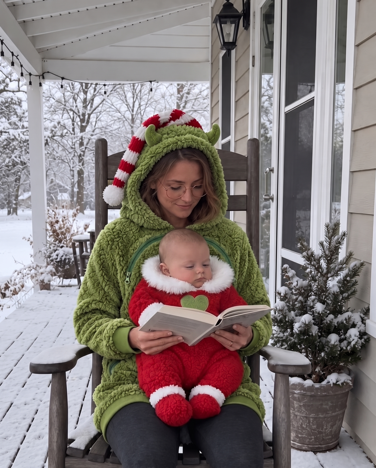 Reading on a snowy porch with baby zipped in