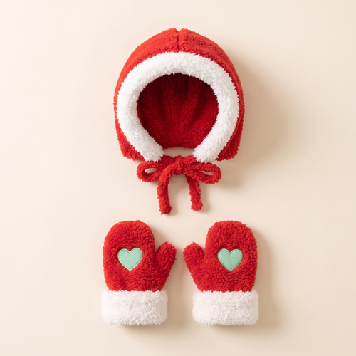 Red baby hood hat and mittens